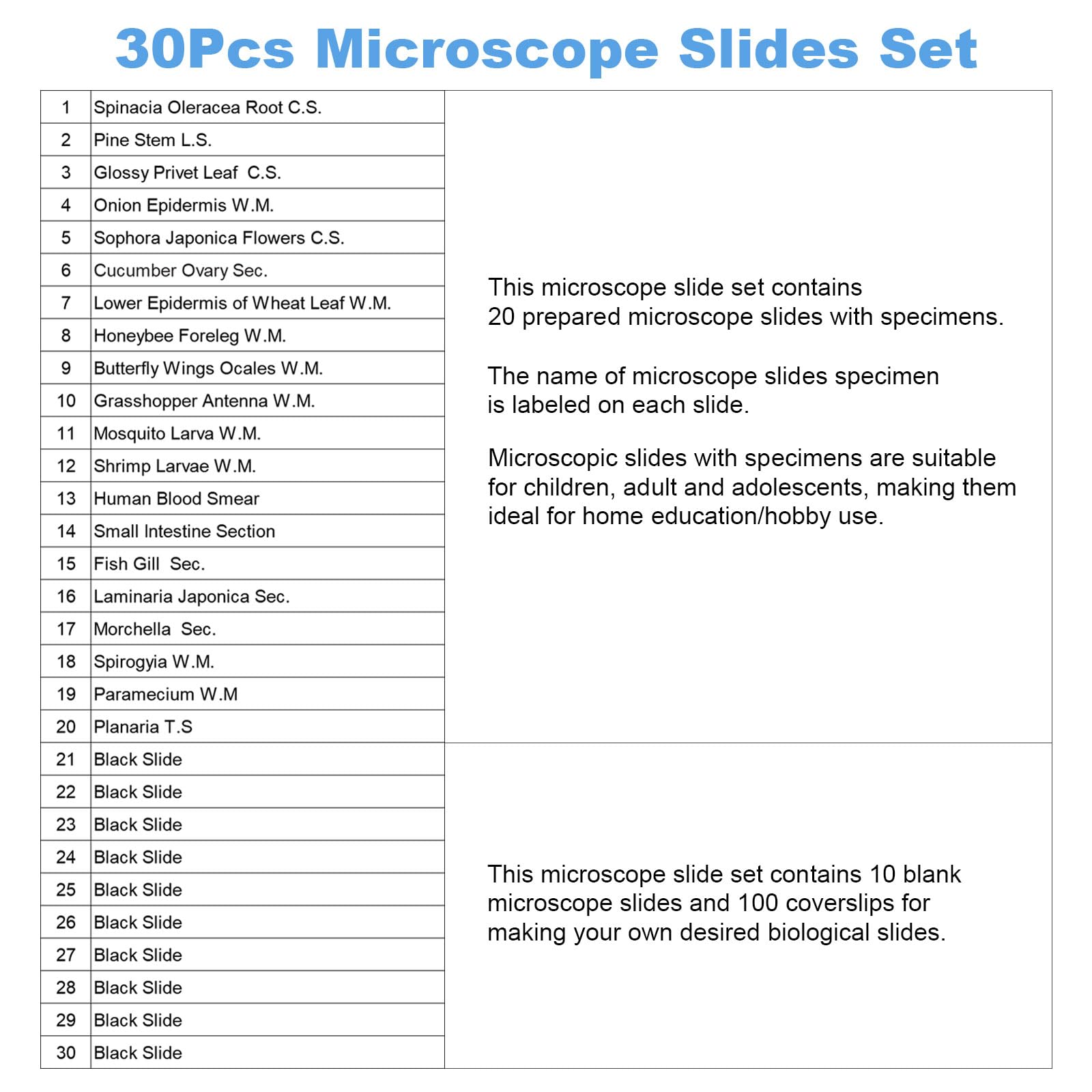 30 Portaobjetos Microscopio y 100 Cubreobjetos - 20 Portaobjetos Microscopio Preparados con Muestras, 10 Portaobjetos Microscopio en Blanco y 100 Cubiertas - para Adultos Niños Estudiantes