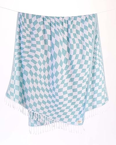 Teema Toalla de playa turca grande  100% algodón turco  Sin arena  Secado rápido  Versátil y multiusos  The Checkmate (Aqua)