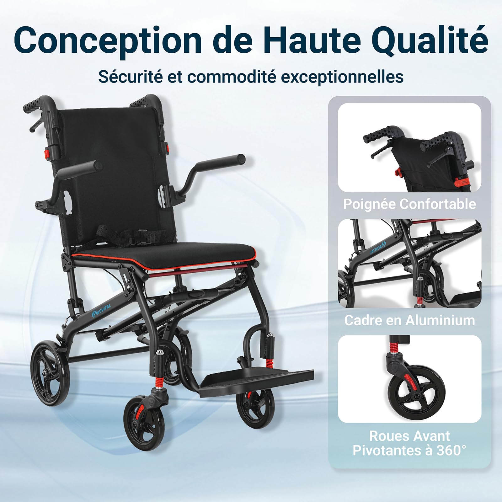 Fauteuil roulant pliable léger Aluminium, Frein sur poignées, Fauteuil roulant de transport portable stable robust pour adultes, personnes âgées, pour transport, voyage, charge 100 KG (Noir)