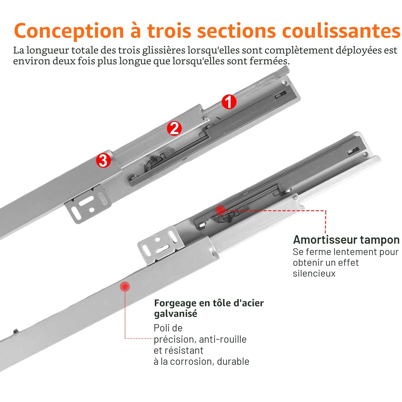 Glissières de tiroir à montage au sol avec extension complète - Capacité de charge 40 kg avec amortissement (50 cm (20 pouces))