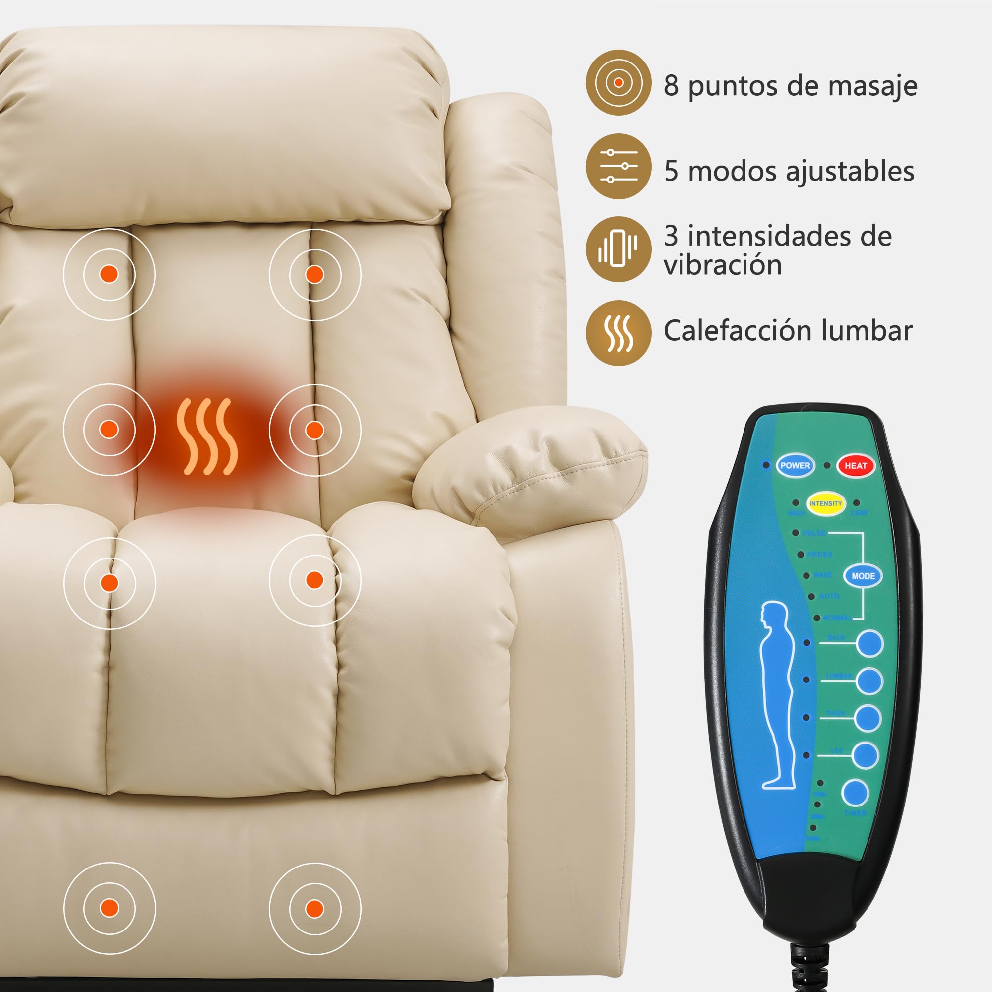 DUANDUAN Sillón Relax eléctrico con 2 Motores y Ajuste Continuo, función de reclinación de 180°, función de Cama, función de Masaje, Ayuda para levantarse, vibración y calefacción (Beige)