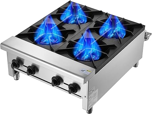 VEVOR Estufa de gas comercial con 4 quemadores, estufa de cocina de propano y gas natural, placa caliente de gas de acero inoxidable, equipo de