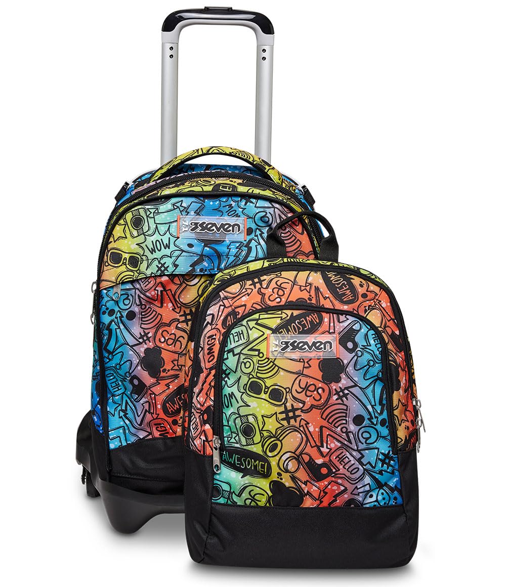 Trolley Scuola Seven JACK 3 RUOTE DETACH -FLUO STAMP, Multicolore -Zaino Uso 3in1 -Tasca frontale -CrossOver System -Tasca Porta Borraccia -Maxi ruote, Zaino Scuola, Trolley Viaggio Bambino
