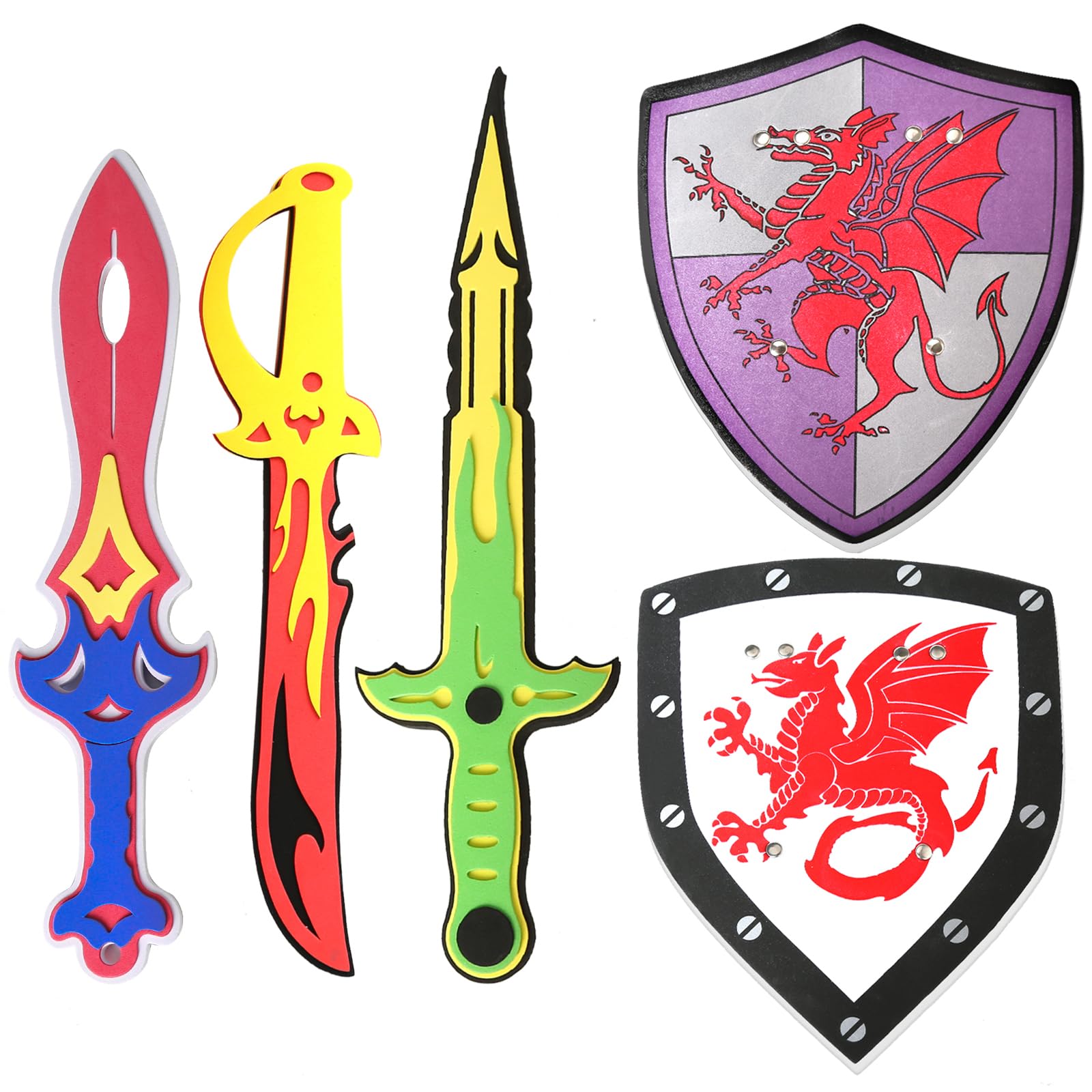 Kids Toys for 4-Year-Old Boys - Foam Sword and Shield Play Set for Gifts - 5 Pack Unique Knights Sword and Shield Design - Pretend-Play Foam Weapons for Kids Play Knights, Cool Dragon Shield for Boys