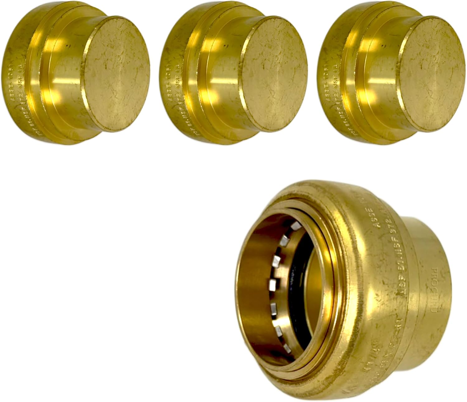 PROCURU 4-Pack 1.5-Inch PushFit End Cap, Push-to-Connect Brass Plumbing Fitting for Copper, PEX, CPVC, PE-RT Pipe, Certified Safe (1-1/2", 4-Pack)