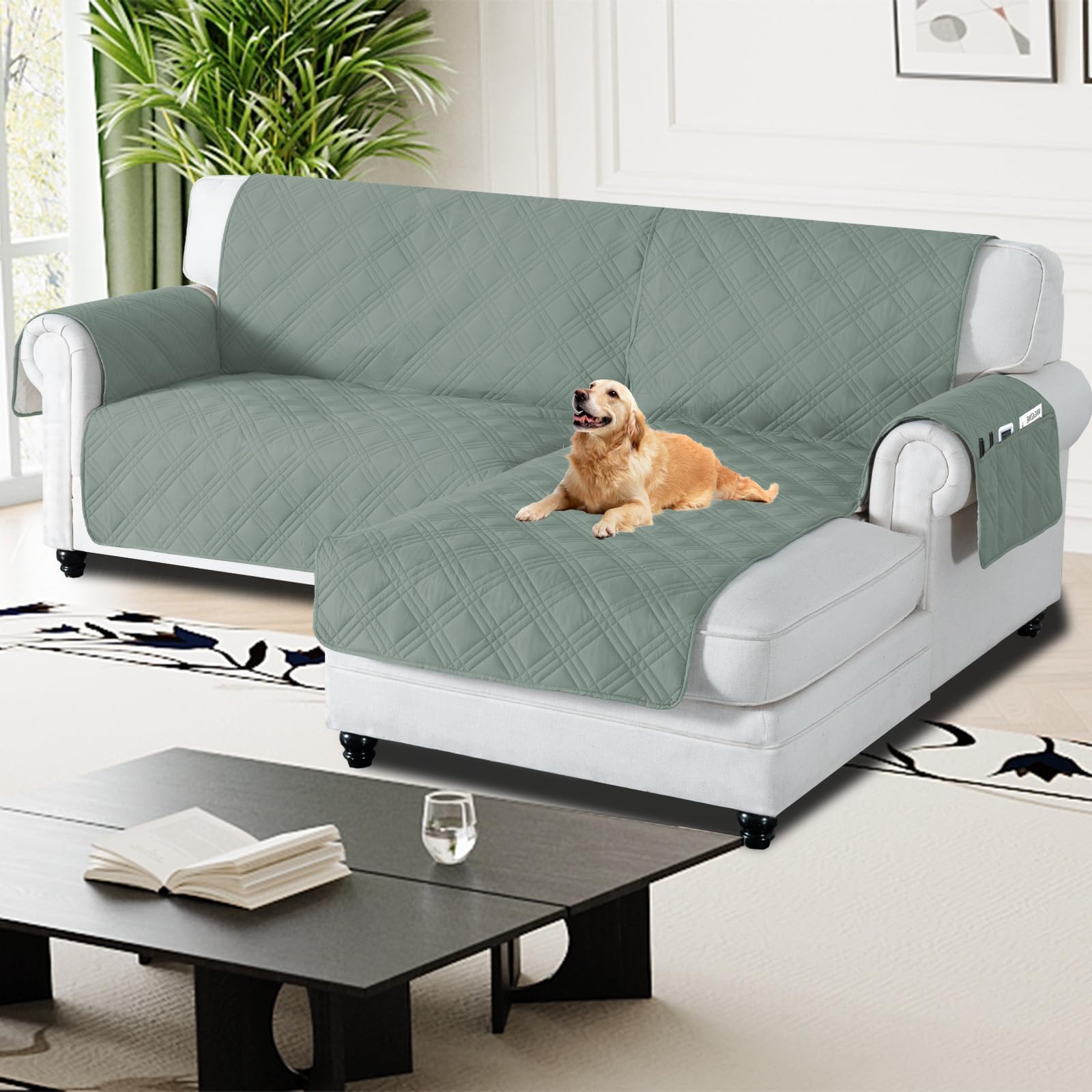 H.Versailtex 100% Waterproof Couch Covers for Sectional Sofa 2-Piece Couch Covers Sectional Chaise Sofa Cover L Shaped for Dogs Non Slip (Right Chaise Lounge Cover + 2 Seat Sofa Cover, Lilypad)