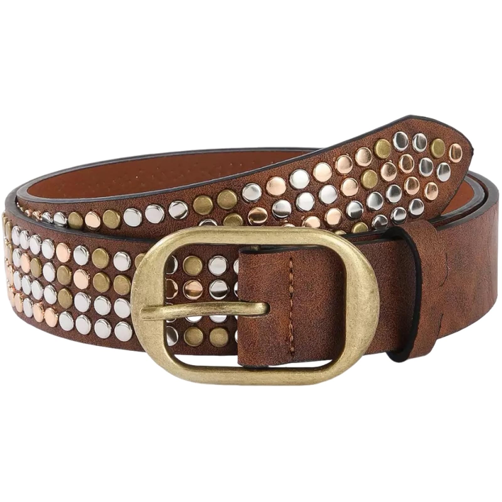 AGUTALITHIC Faux Leather Studded Belt with Prong Buckle Vintage Unisex Punk Irregular Metal Rivet Strap for Jeans Pants Dress(120cm/47, Coffee)