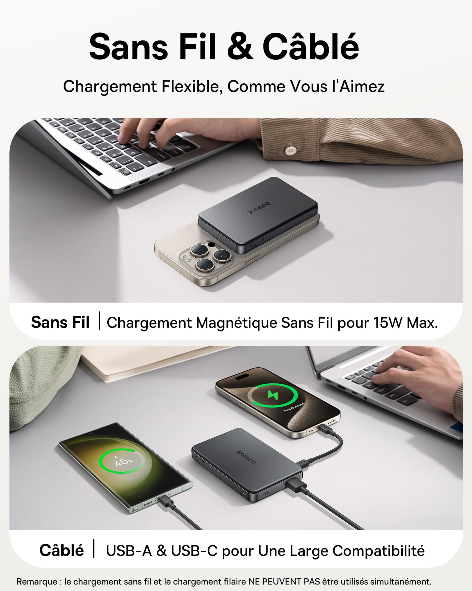 Baseus Magsafe Powerbank, Certifié Qi2 Batterie Externe Magnétique 10000mAh, 15W Power Bank sans Fil, Powerbank USB-C PD 22.5W, Batterie Externe pour iPhone 17/16/15/14/13/12, Noir