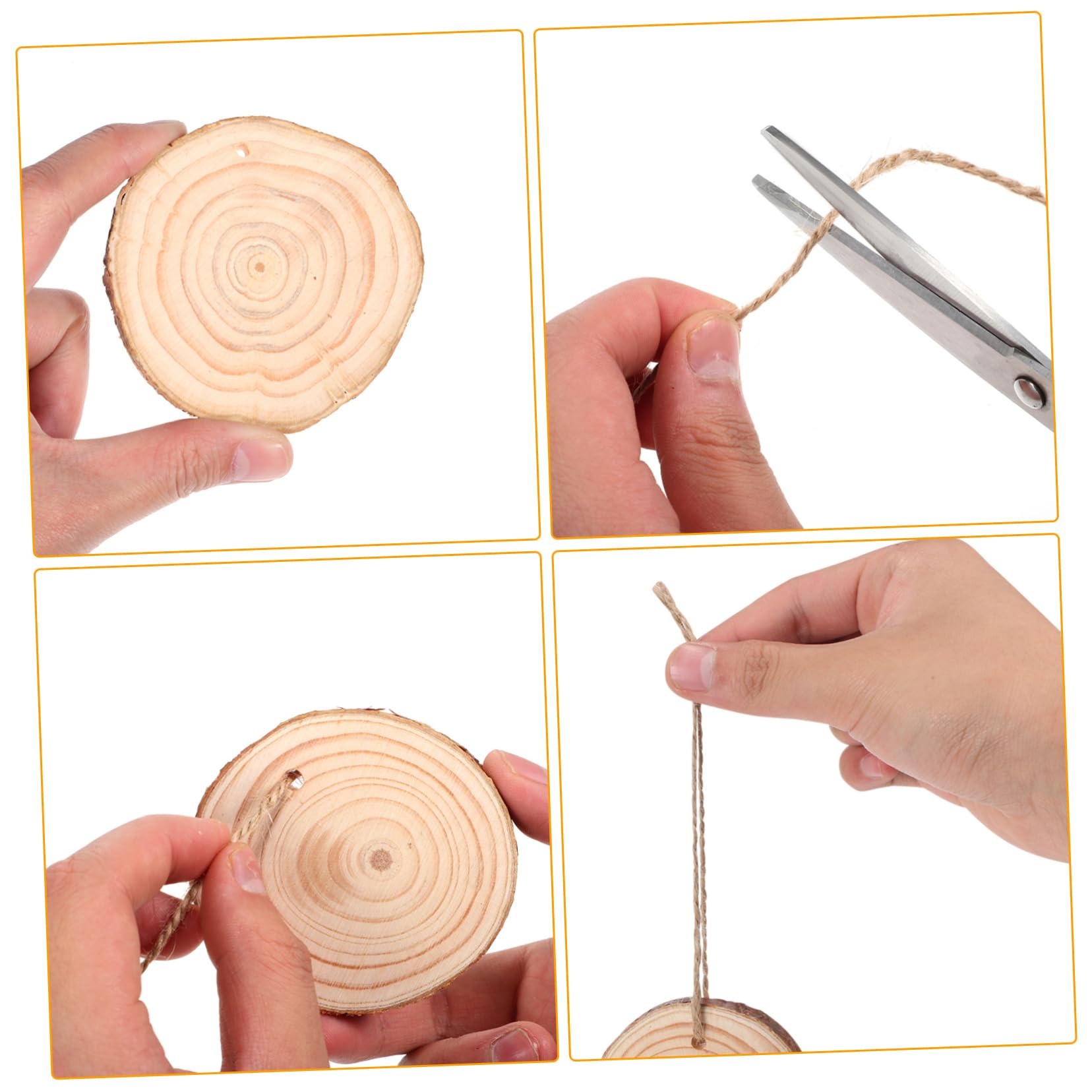 50 Stück Runde Holzscheiben zum Basteln mit Jutekordel | Braun, Holz, Vorgebohrte Löcher, Rustikale Optik, für Wanddeko und Hintergründe