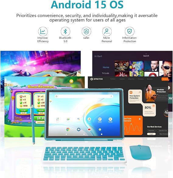 Android 15 Tablet 10 inch Tablet 2 IN 1 Tablets with Keyboard Mouse Case Stylus 18GB RAM 128GB ROM 2TB Expand, Android 15 Tableta 10.1 IPS 6000mAh Battery Bluetooth Dual Camera 5G WiFi-6 Tablets.