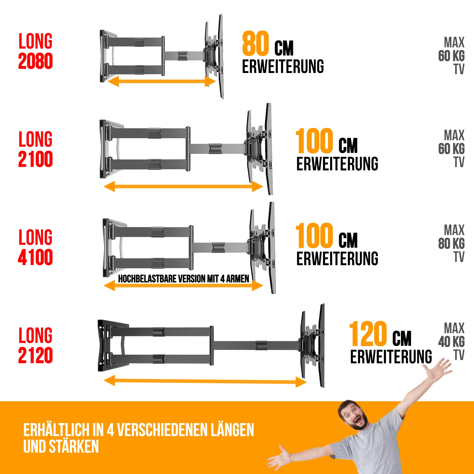 Nanook Long 2100 Langarm TV-Wandhalterung 42-75 Zoll, 100 cm Auszug, 60 kg | Extrem Robuste Konstruktion, Extra-Lange Arme Für Maximalen Schwenkbereich (180°) Und Große Reichweite, Max. VESA 600x400