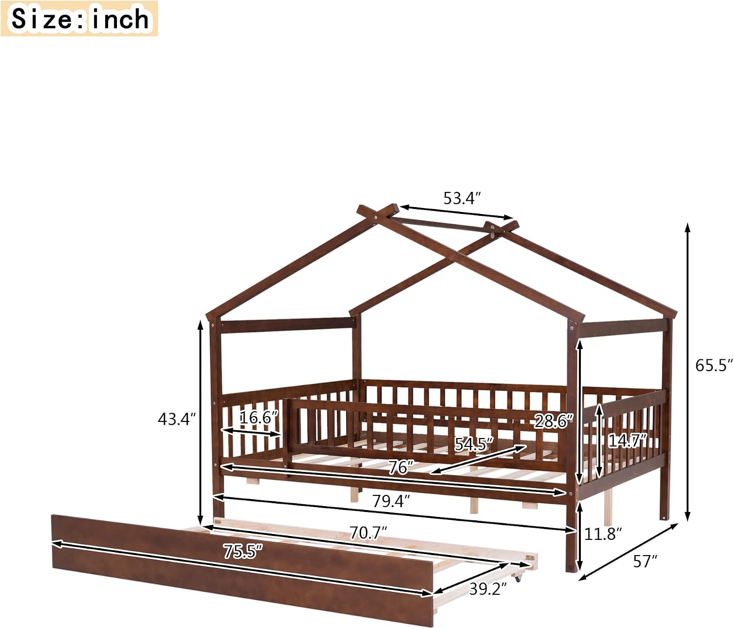 House Bed with Trundle and Fence, Full Size Montessori Style Beds with Railings, Wooden Playhouse Bed Frame for Kids Girls Boys, Walnut