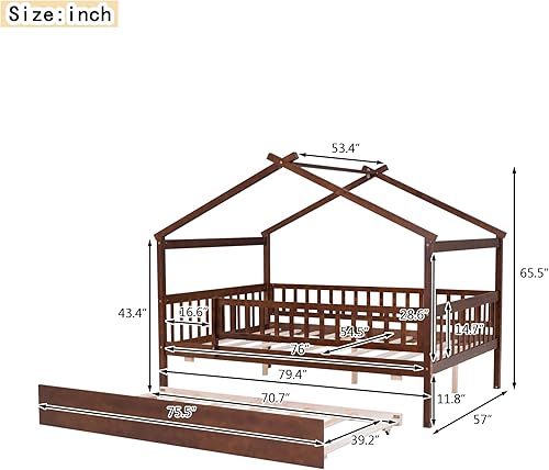 Miniatura 89 de Merax Cama de madera de tamaño matrimonial con nido, marco de cama de madera con techo para niños, adolescentes, niños o niñas, color blanco