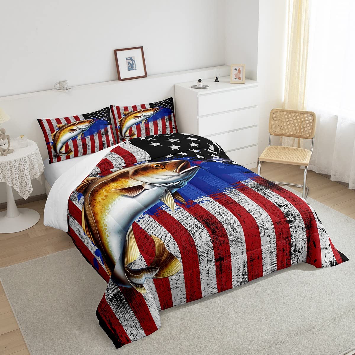 Set di biancheria da letto con bandiera americana Big Pike Fish Bass Big Fish Down Consolatore da caccia Pesca Piumino Bedding Piumino per pesci nautico Inserto/trapunta Set di pesca in mare profond