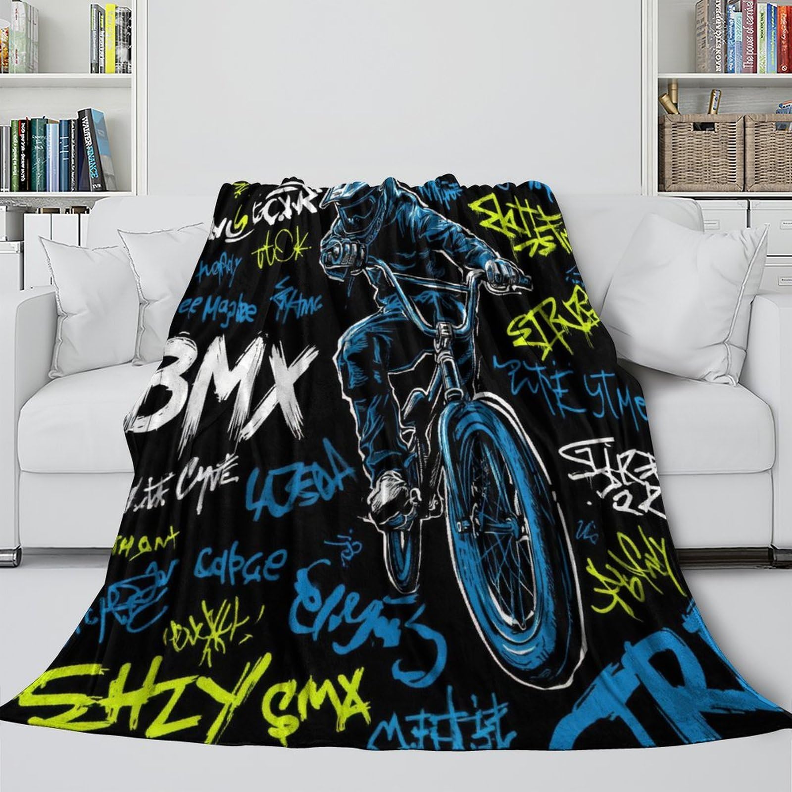 stampa 3D BMX rider action coperta da viaggio microfibra biancheria da letto compatta coperta da viaggio morbida per regali per chi viaggia per lavoro urban street arte 80×90inch(200x230cm)