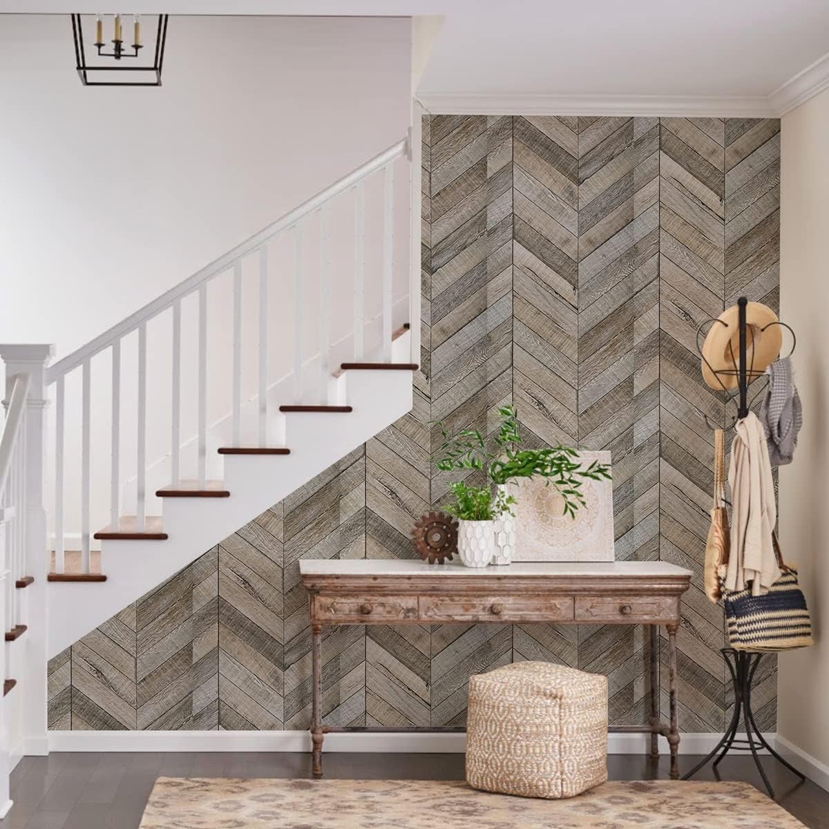 Jeweluck Wood Shiplap Peel and Stick Wallpaper Herringbone Contact Paper 17.7”×118.1” Rustic Wood Wallpaper Peel and Stick Backsplash Textured Removable Wall Paper for Countertop Decorative Vinyl