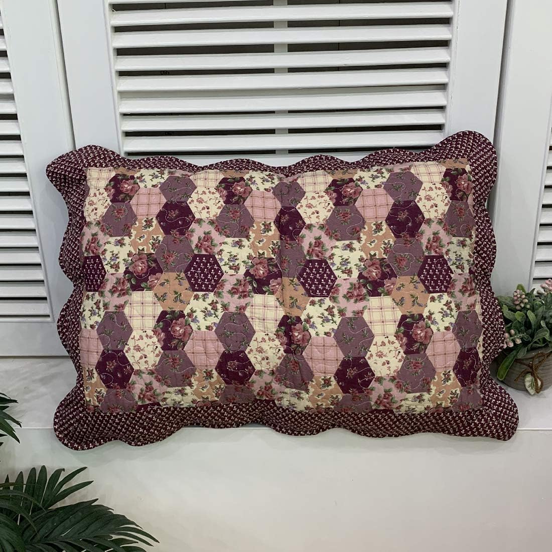 vctops 2-Piece Boho Cotton Quilted Bed Pillow Shams Floral Printed Patchwork Pillow Shams Set, Standard Size (308 Purple Red, 20"x28") - Image 2