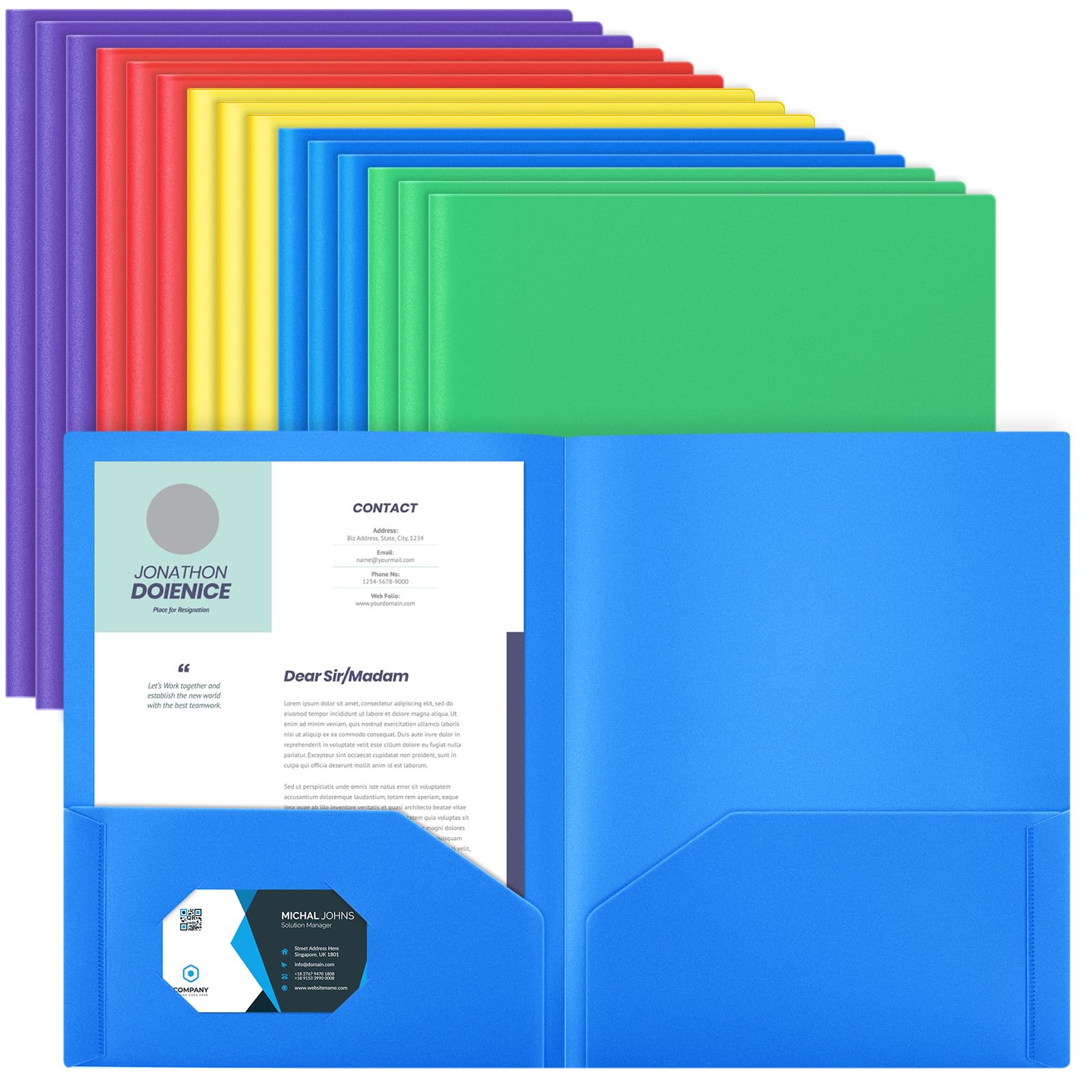 Gueevin 50 Pcs Plastic Folders with Pockets, Back to School Two Pocket Folder Fit Letter Size, Heavy Duty School Business Card Holder for Home Office, 11. 61 x 9. 45 Inches (Multicolor)