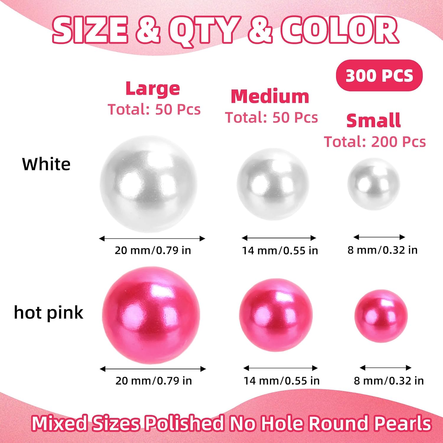 300PCS No Hole Pearls for Vase Filler Beads, 8/14/20 mm Floating Pearls for Centerpieces Vases, Pink White Faux Pearl Round Foating Beads for Crafts Wedding Party Decor DIY Candles Centerpiece