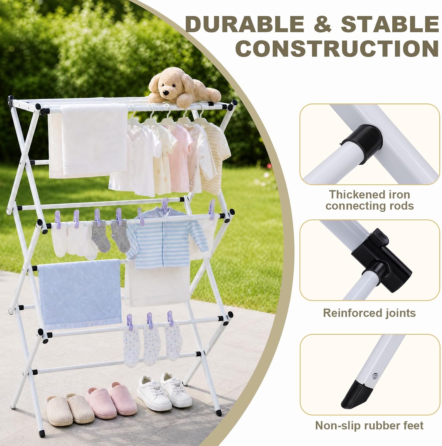 Collapsible Laundry Drying Rack, Space-Saving, Non Slip | Clothes Towel Rack, Durable, No Assembly Required, for Bathroom, Balcony, Bedroom