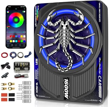1600W Slim Underseat Car Subwoofer and Amp Package, Powered Subwoofer Car Audio with Built-in Class D Amp, RGB Beat-Sync Light, Deep Subsonic Bass, Under Seat Subwoofer for Truck SUV Sedan