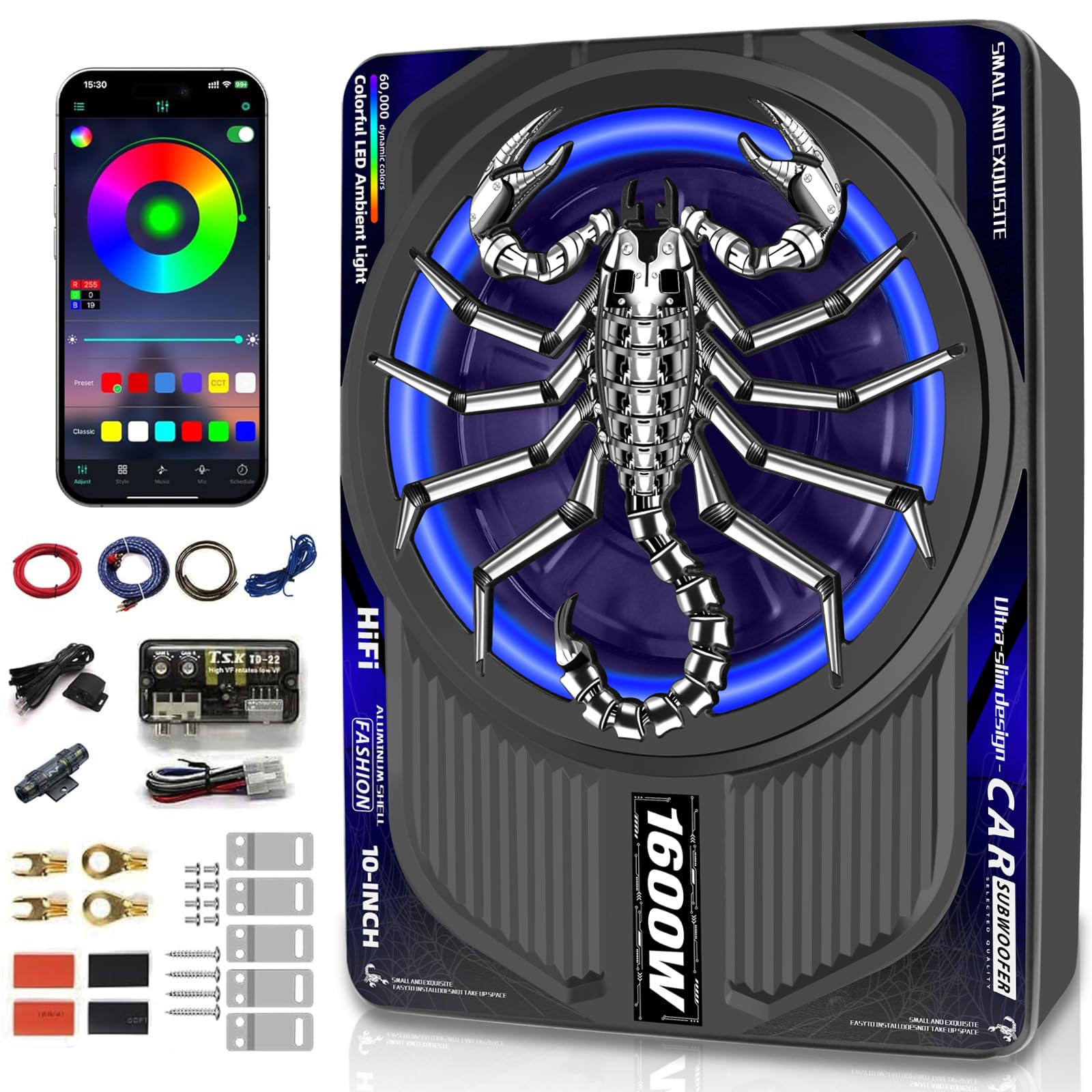 1600W Slim Underseat Car Subwoofer and Amp Package, Powered Subwoofer Car Audio with Built-in Class D Amp, RGB Beat-Sync Light, Deep Subsonic Bass, Under Seat Subwoofer for Truck SUV Sedan