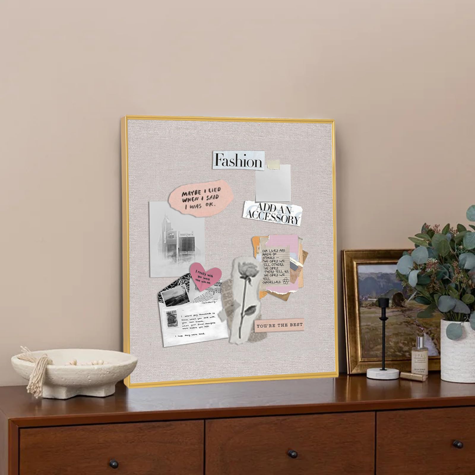 Tableau d'affichage avec cadre en aluminium doré, tableau en liège blanc d'avoine pour murs, tableau d'affichage de 43,2 x 33 cm avec punaises pour bureau et maison (G-AL, tissu, 4333)