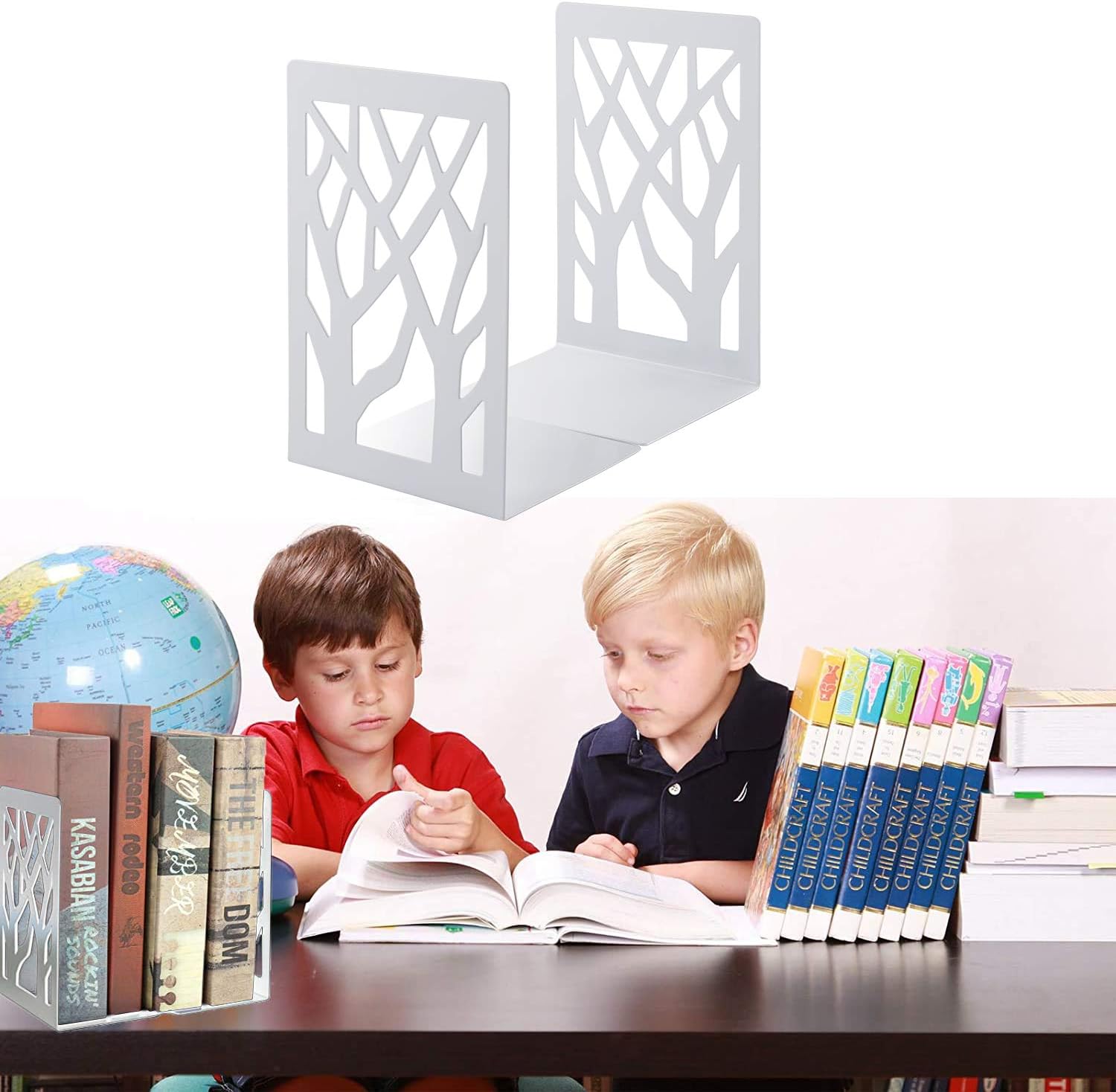 MSDADA Bookends, Book Ends for Shelves, Bookends for Office, Book Ends for Heavy Books, Book Shelf Holder Stand Home Decorative，Metal Bookend Supports, Book Stoppers, White(3 Pairs)
