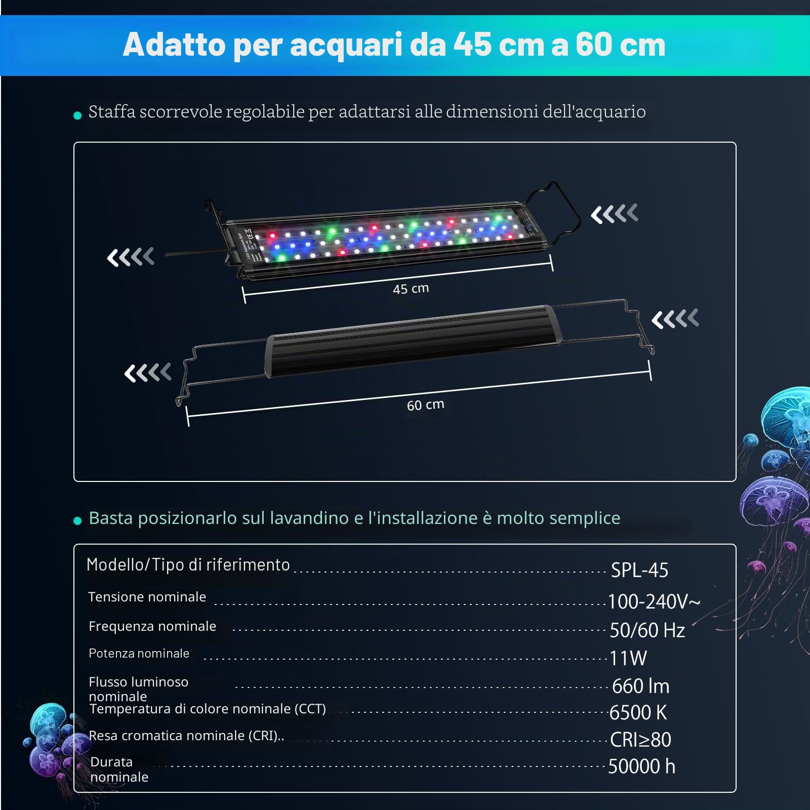 DEWEL lampada acquario,11 W Luce LED per Acquario a Spettro Completo,Dimmerabile e Staffa Regolabile,timer regolabile,LED plafoniera,3 modalità per Acquario da 45-60cm