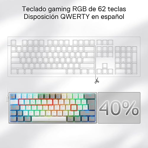Redragon K617 Fizz 60 % Disposition QWERTY ES Clavier Gaming, LED éclairage Clavier de jeu avec câble USB-C, clavier ultra-compact 62 touches, Hot Swap commutateurs rouges- pour PC/Windows - 3