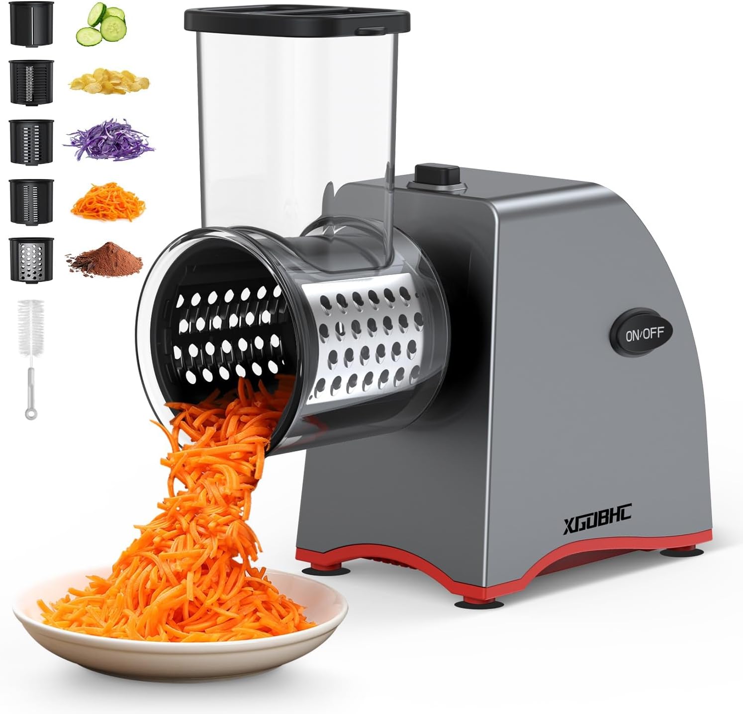 Electric Cheese Grater Salad Machine with 5 Replaceable Stainless Steel Blades, 250W Electric Shredder, Kitchen Slicer with One-Touch Control for Cheese,