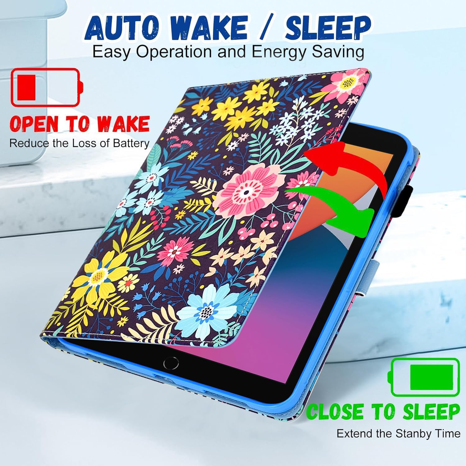 Etui na iPada 9., 8., 7. generacji, iPad 10,2 (wersja z 2021/2020/2019), uroczy pokrowiec ochronny ze skóry PU z funkcją automatycznego budzenia/uśpienia, dla dzieci, dziewcząt, kobiet - kwiaty