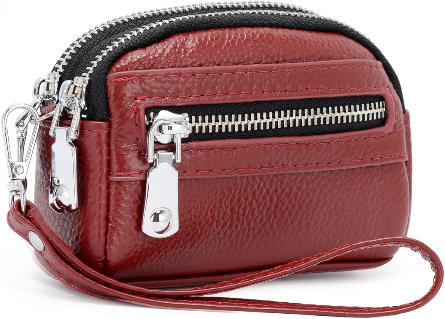 Coin Purse for Women Genuine Leather Small Triple Zipper Coin Wallet Pouch with Removable Wristlet Strap