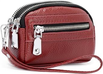 Coin Purse for Women Genuine Leather Small Triple Zipper Coin Wallet Pouch with Removable Wristlet Strap