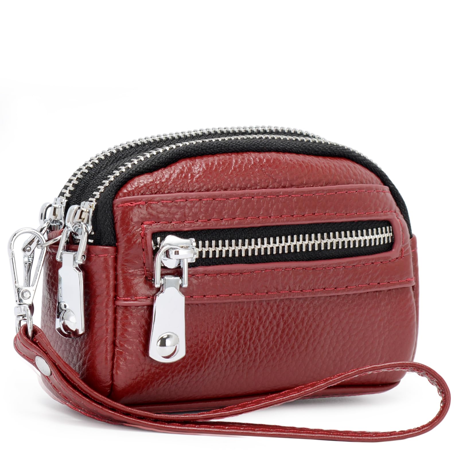 ALLITIC Coin Purse for Women Genuine Leather Small Triple Zipper Coin Wallet Pouch with Removable Wristlet Strap
