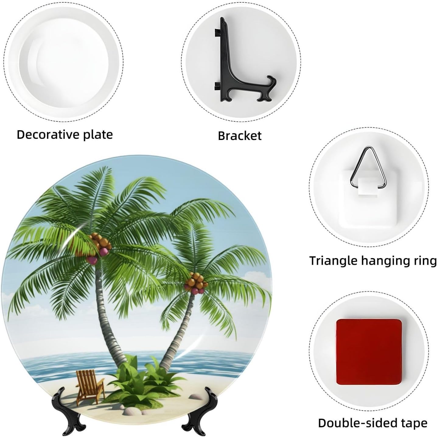 Bone China Decorative Plate with Display Tropical Palm Tree Ceramic Plates Crafts Art Decor Dessert Plate Ceramic Ornament Porcelain Plates for Living Room Kitchen Table Home Decor