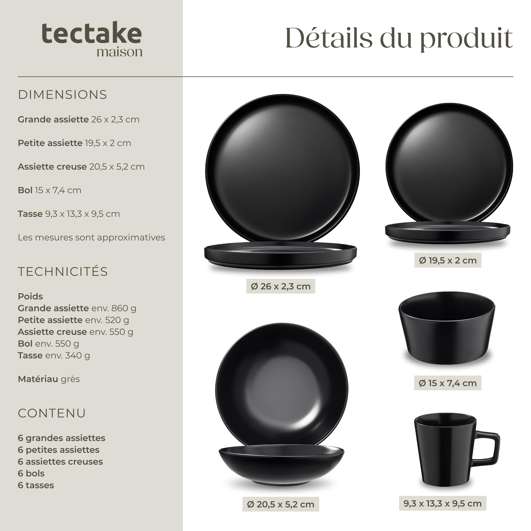 tectake® Set de cuisine 45 pièces, Service de table 6 personnes et Batterie de cuisine, Poêles, Casseroles, Assiettes plates, Assiettes creuses, Bols, Tasses, Louche, Spatule, Vaisselle en grès