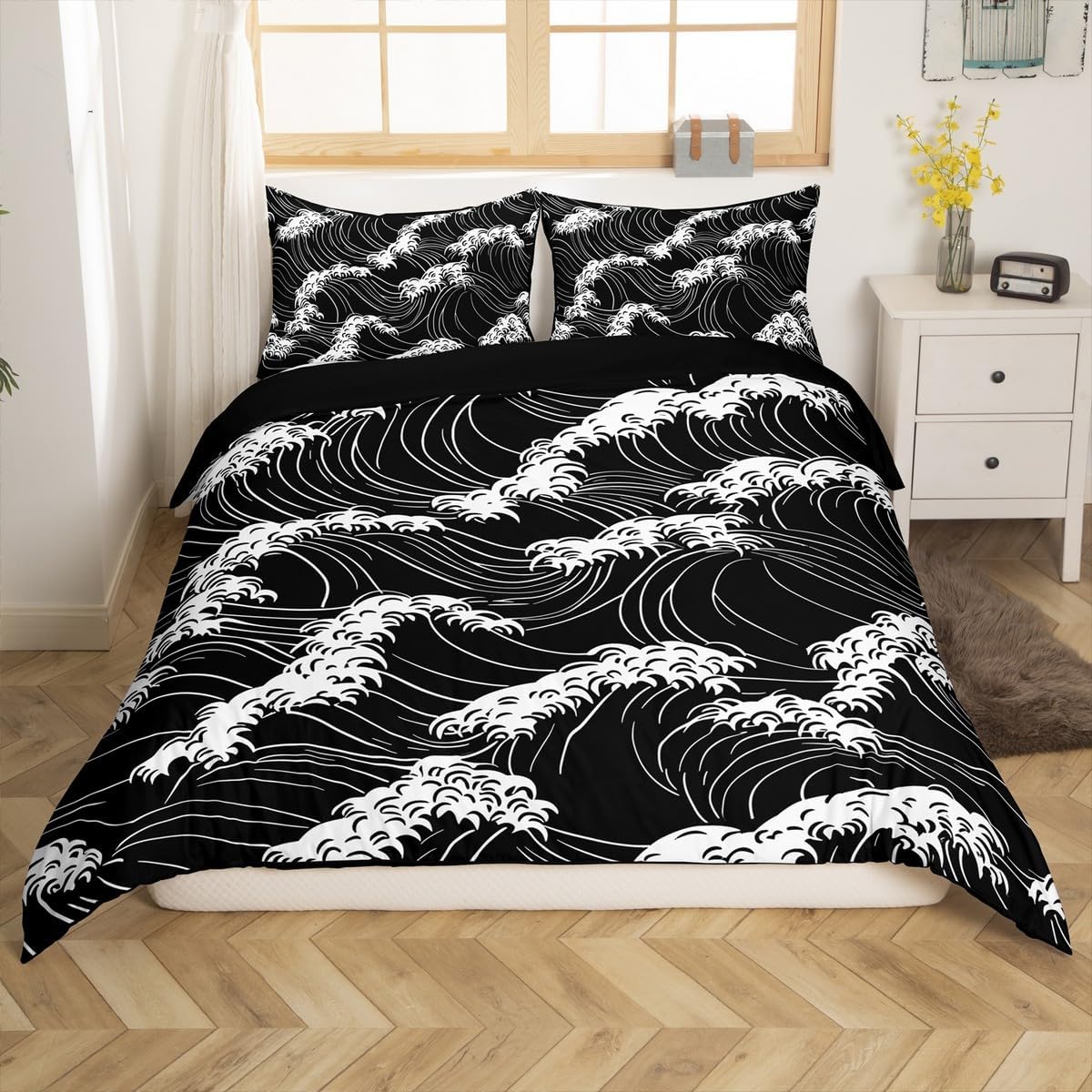 jejeloiu Japanese Wave Duvet Cover Full Size Kids Ocean Wave Comforter Cover Set for Boys Girls Teens Japanese Ukiyoe Bedding Set Breathable Sea Waves Bedspread Cover Black White Quilt Cover