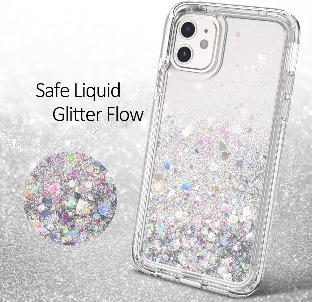 Dexnor Case for iPhone 11,[Built in Screen Protector] Quicksand Bling Liquid Glitter Waterfall Clear Full Body Protection Rugged Bumper Heavy Duty Shockproof Cover for iPhone 11 6.1 inch Silver