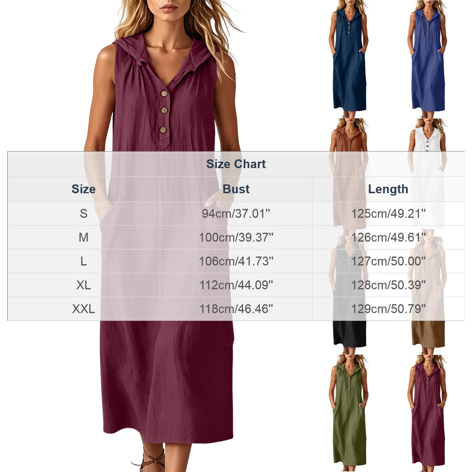 Generico Vestiti Estivi Donna Lunghi Lino Vestiti Cotone Scollo a V Morbidi Vestito Largo con Bottoni Abito Estivo Tinta Unita Comodo e FLuidi Vestito Mare Taglie Forti Abito Curvy Estate Mare