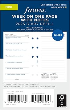 Filofax Calendar Diary Refill, Mini Size, Week on One Page with Notes, White Paper, Unruled, Multilingual Four Languages, 2025 C68109-25