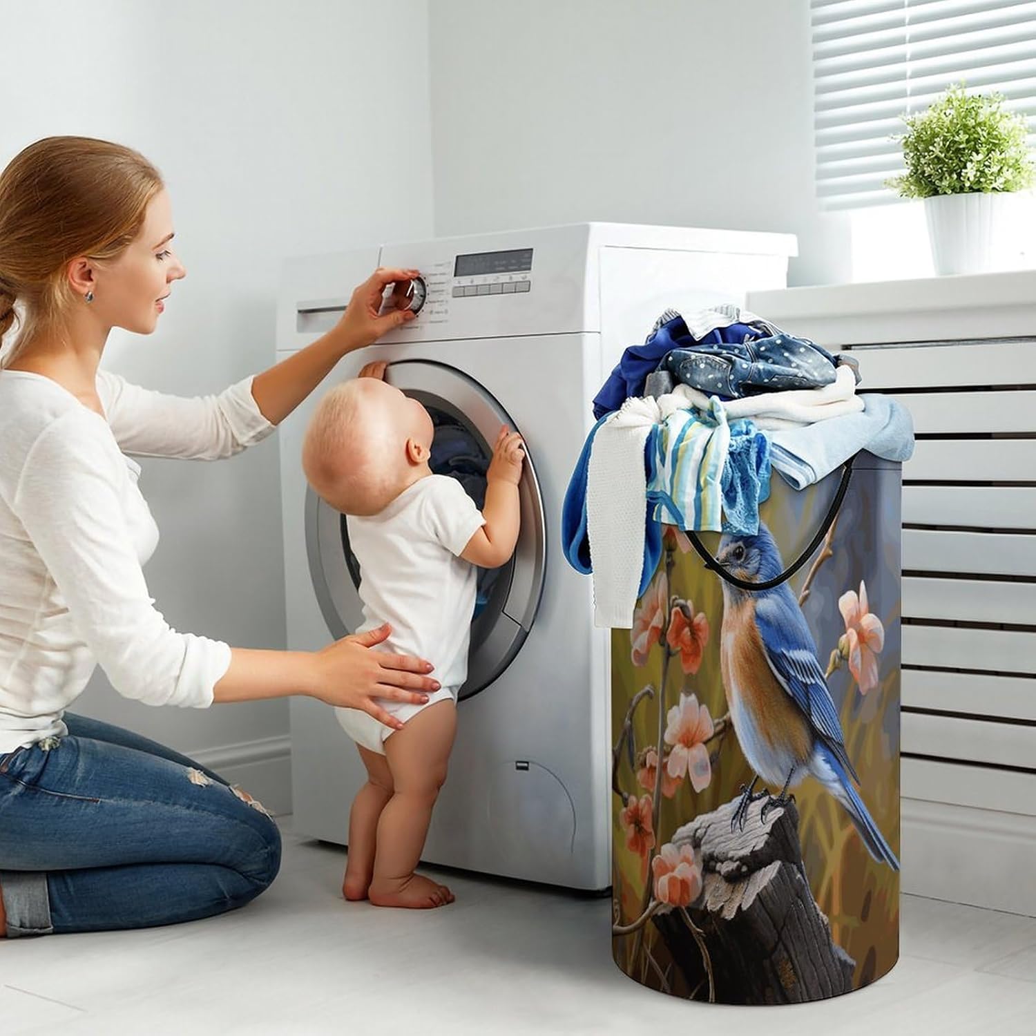 Eastern Bluebird Laundry Hamper Fashion Dirty Laundry Hamper Portable Laundry Hampers with Handles Lightweight Large Clothes Storage Basket for Bedroom Bathroom