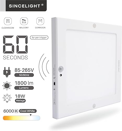 Miniatura 3 de SINCELIGHT PIR - Lámpara LED de techo con sensor de movimiento, forma de panel ultrafino de 18 W, encendidoapagado automático desde el atardecer