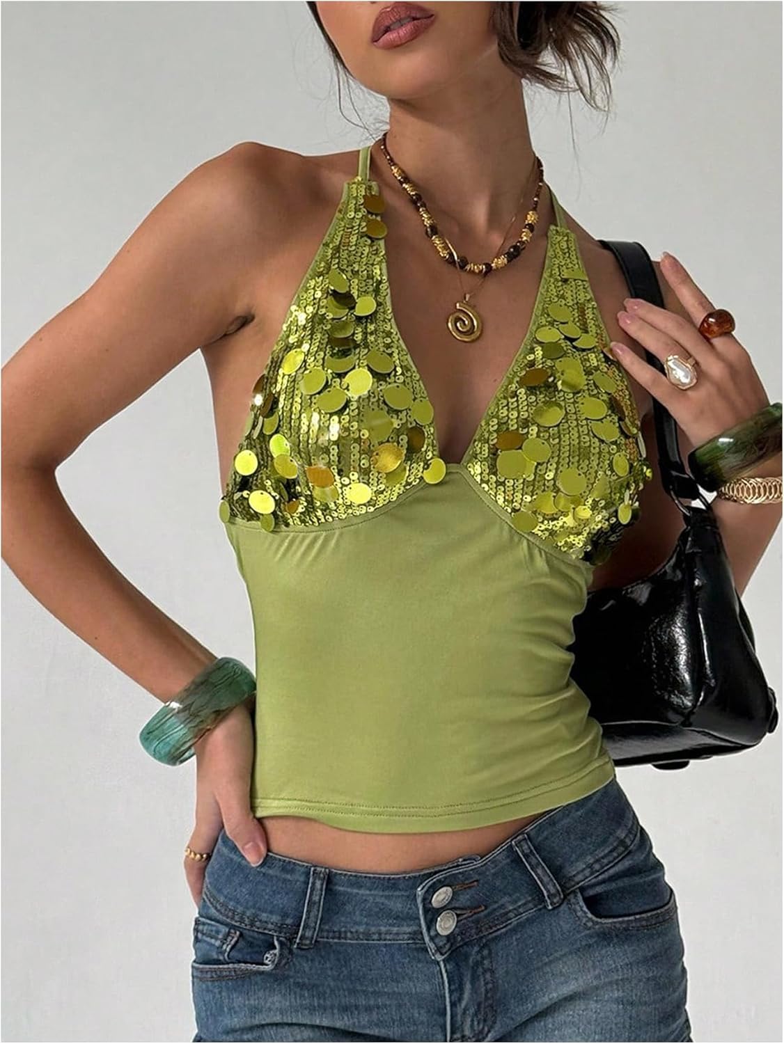 SweatyRocks Women's Sequin Tie Backless Tops V Neck Sleeveless Fitted Going Out Halter Crop Tops - Image 3