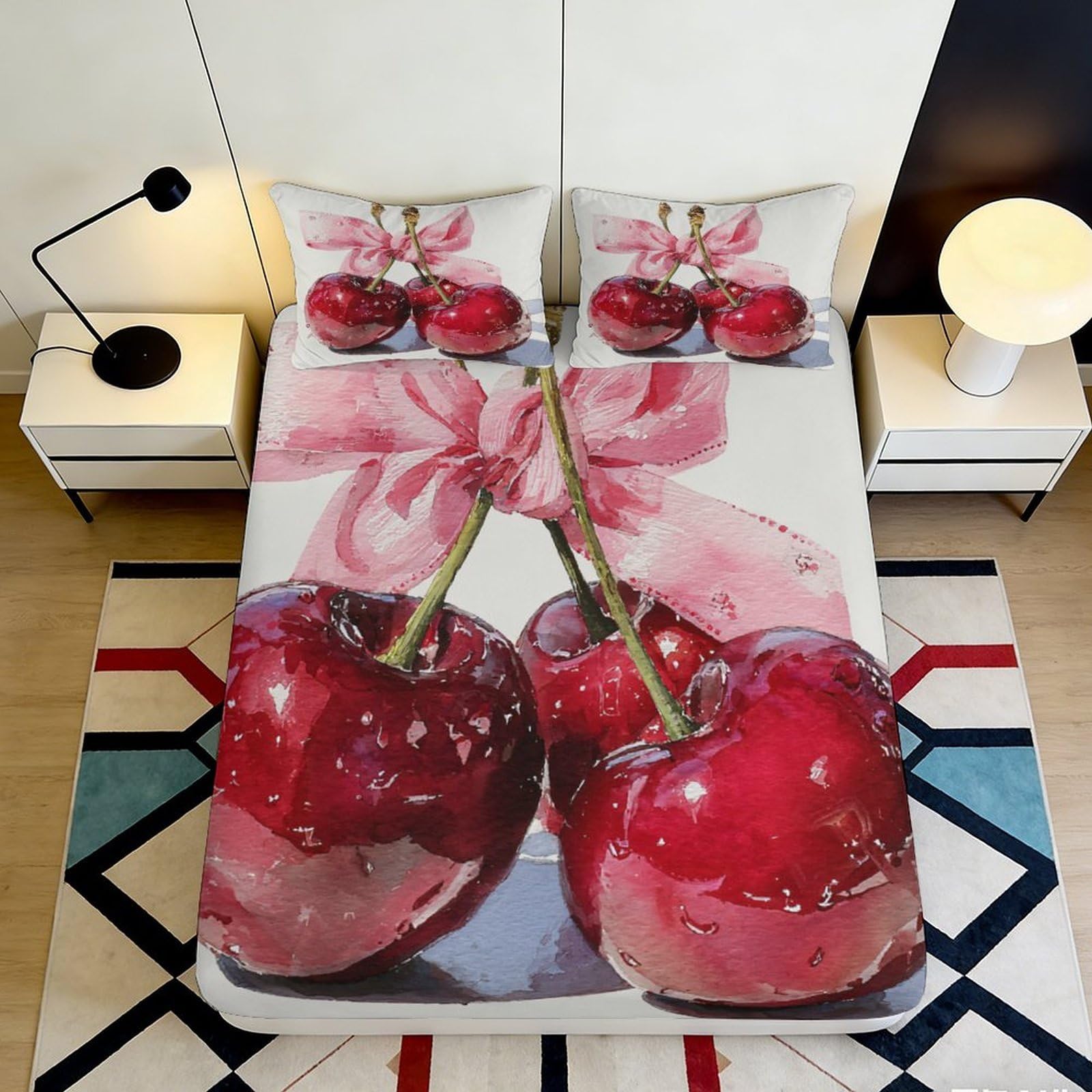 3D Printed Cherry Pattern Fitted Sheet Microfiber Soft Breathable Bow Knot Bed Cover for Bedroom Dormitory Guest Room Mattress Protection 200x200x25cm