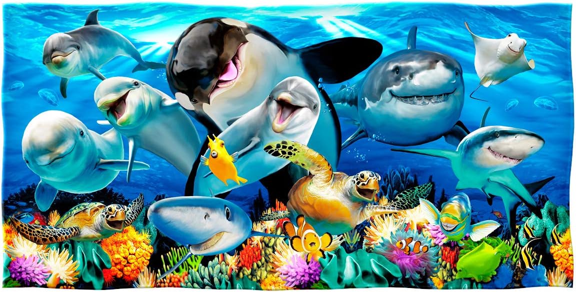 Dawhud DirectOcean Animals Beach Towel for Kids, Girls, Boys, Men, Women, Dolphin Shark Turtle Whale Bath Towel Print 30" x 60" Pool Towel Super Soft Plush Cotton Dolphin Shark Turtle Whale Towel