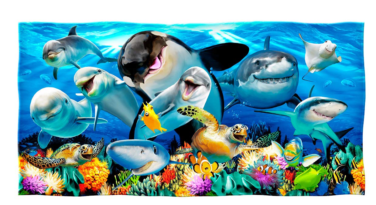 Dawhud DirectOcean Animals Beach Towel for Kids, Girls, Boys, Men, Women, Dolphin Shark Turtle Whale Bath Towel Print 30" x 60" Pool Towel Super Soft Plush Cotton Dolphin Shark Turtle Whale Towel