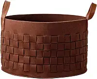 Cesta de lavanderia redonda, cesta grande de armazenamento de feltro com alça de couro, cesto de roupa resistente, 50 x 33 cm, cinza