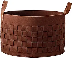 Cesta de lavanderia redonda, cesta grande de armazenamento de feltro com alça de couro, cesto de roupa resistente, 50 x 33 cm, cinza