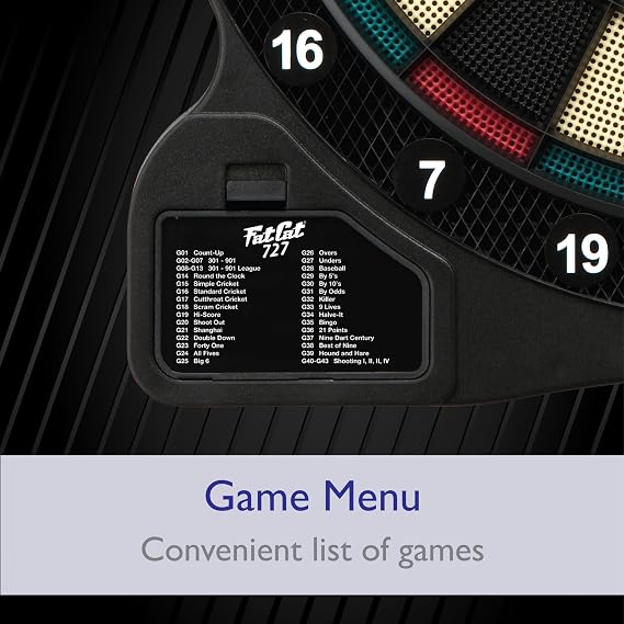Fat Cat by GLD Products 727 Electronic Dartboard Value Size Over 15 Games and 132 Options Auto-Scoring Compact Display with Missed-Dart Throw Catch Ring Soft Tip Darts and Extra Points Battery